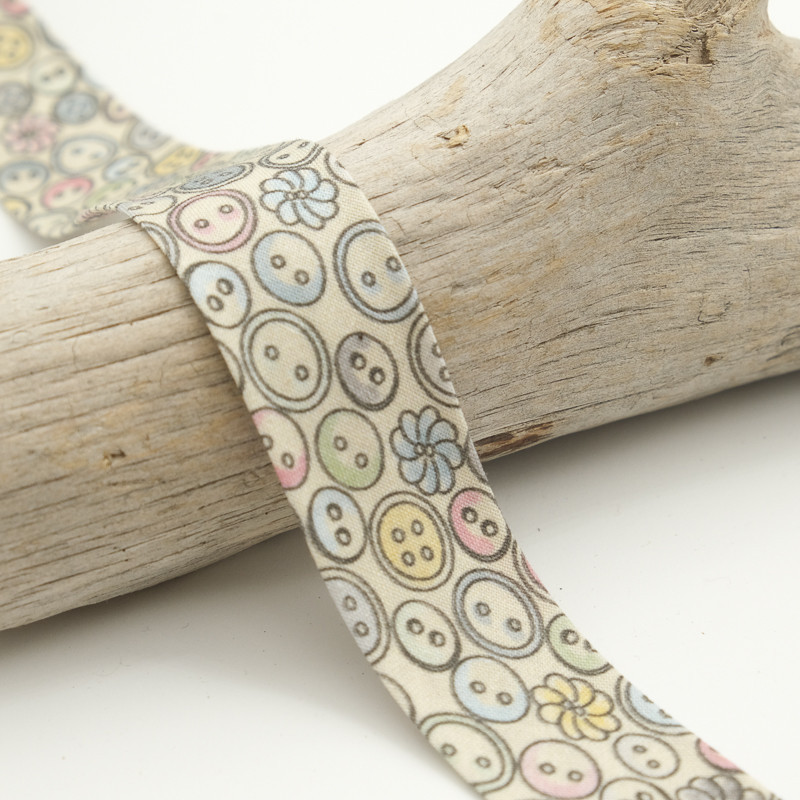 25MM Printed Bias Tape Beige Background Buttons